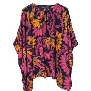 d&co. BEACH Kaftan Women M/L Navy Pink Tropical Fern Tassel Swim Cover Up Top